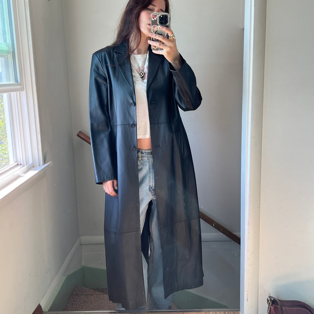 Vintage Newport News Leather Trench Coat Black Maxi Long Jacket Matrix Goth Y2K